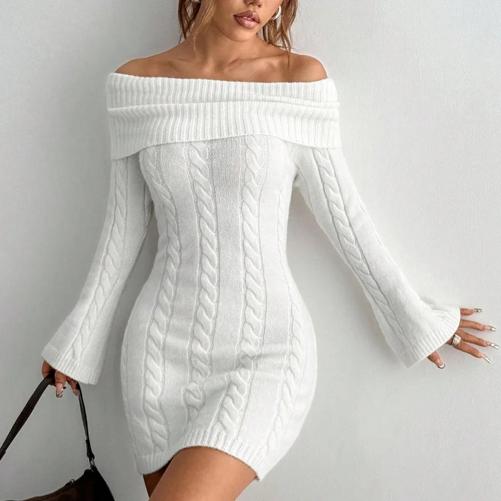 Elegant Long Sleeve Cable Knitted Bodycon Midi Dress - Picture 3 of 6